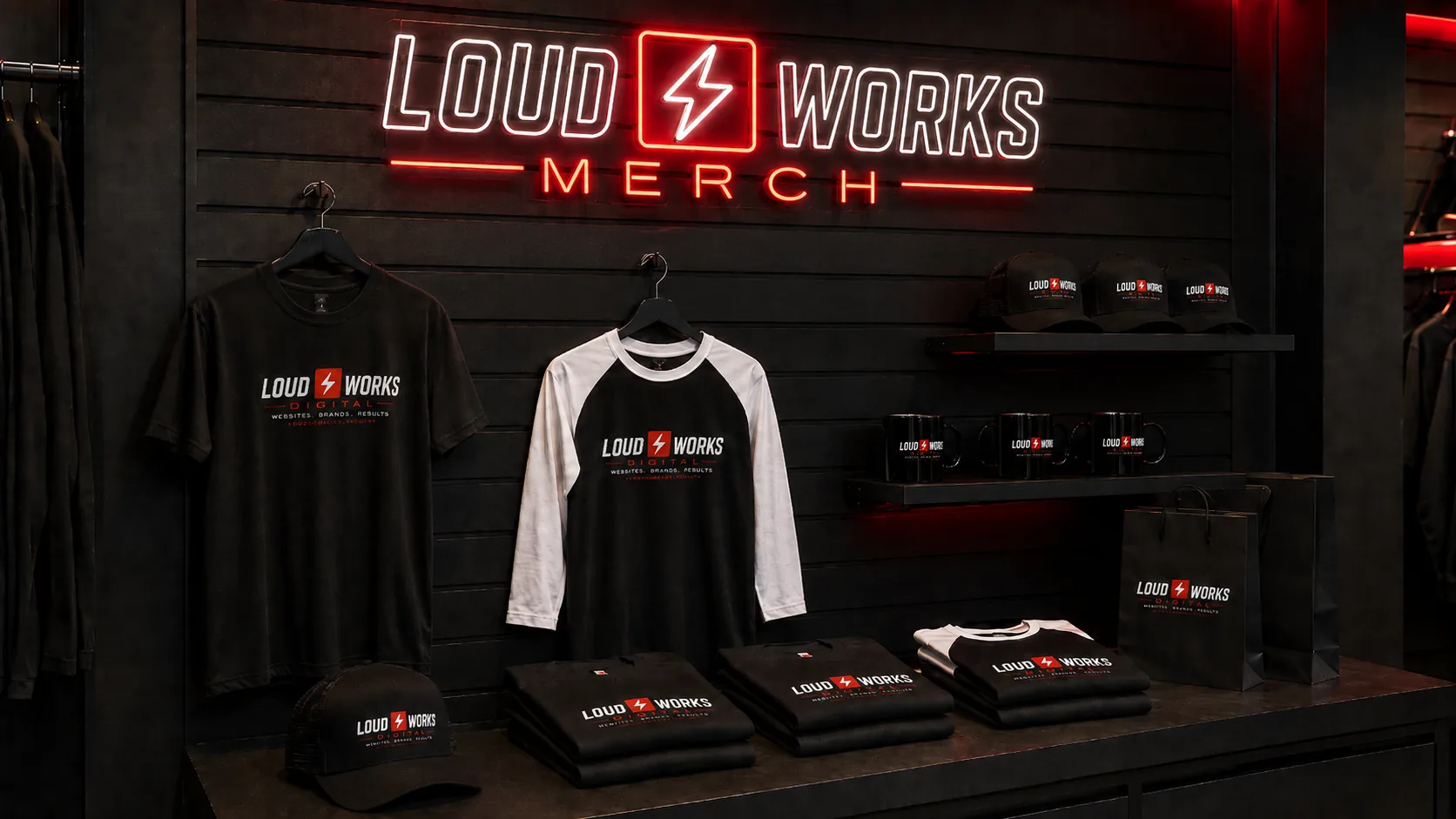 Loud Works Digital merch — tees, hoodies, hats, and mugs on display